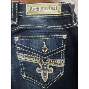 ROCK REVIVAL WOMENS LAM SKINNY BLUE EMBELLISHED JEANS SIZE 26 NWOT